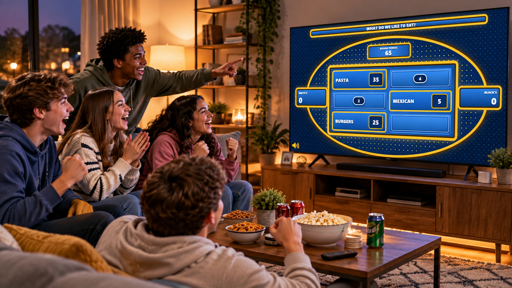 Friends playing an interactive Familio Games game show together at home